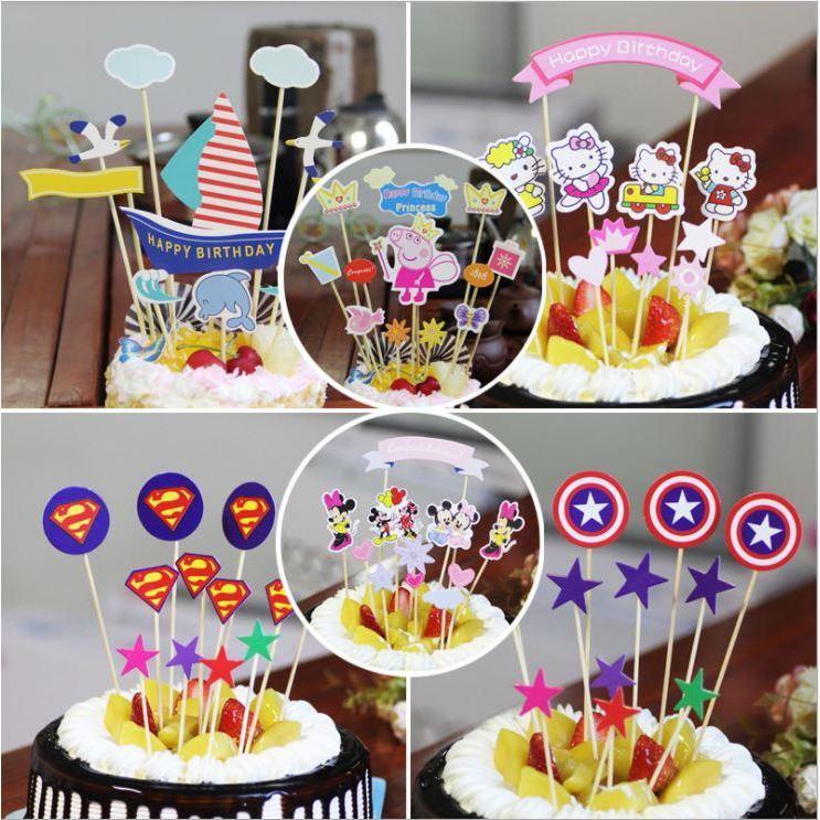 1set/pack Superhero Unicorn Happy Birthday Party Avengers Hello Kitty Cake Topper Kids Favors Decorate With Stick(1136L)